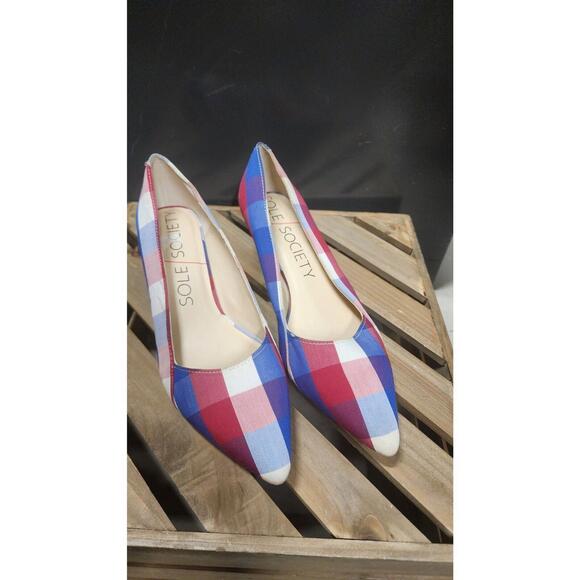 NWOB Sole Society Plaid blue red white kitten heels  7.5 (bin 14) - Picture 1 of 5